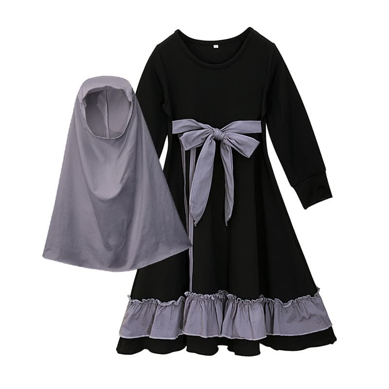 Girls Long Dress with Belt Spring Autumn Two-Piece Set Headscarf Children's Clothing Casual Daily Skirt