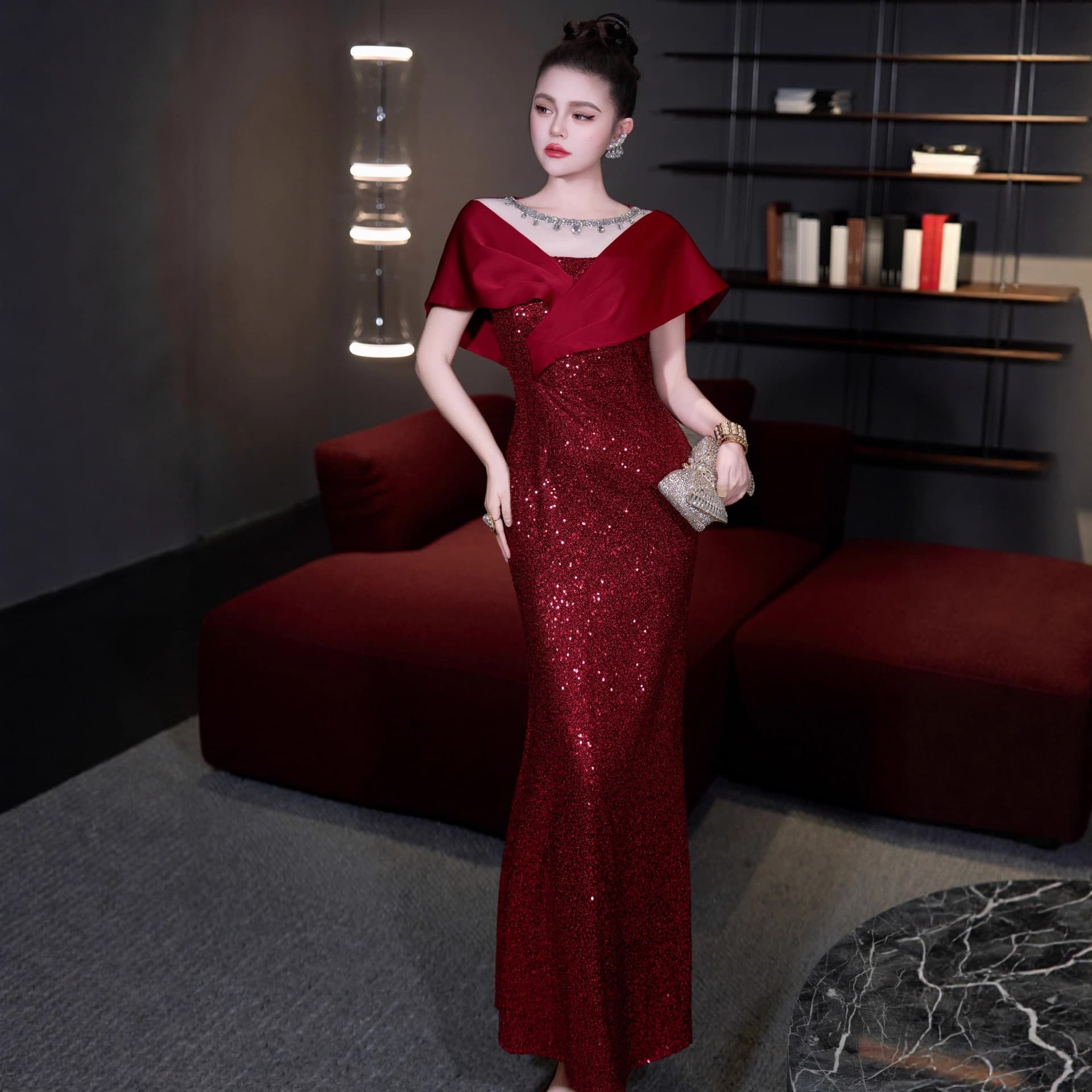 Red Wedding Toast Mother Bride Bridesmaid Dress Banquet Annual Party Party Accessible Luxury Sequin Evening Dress Champagne Color