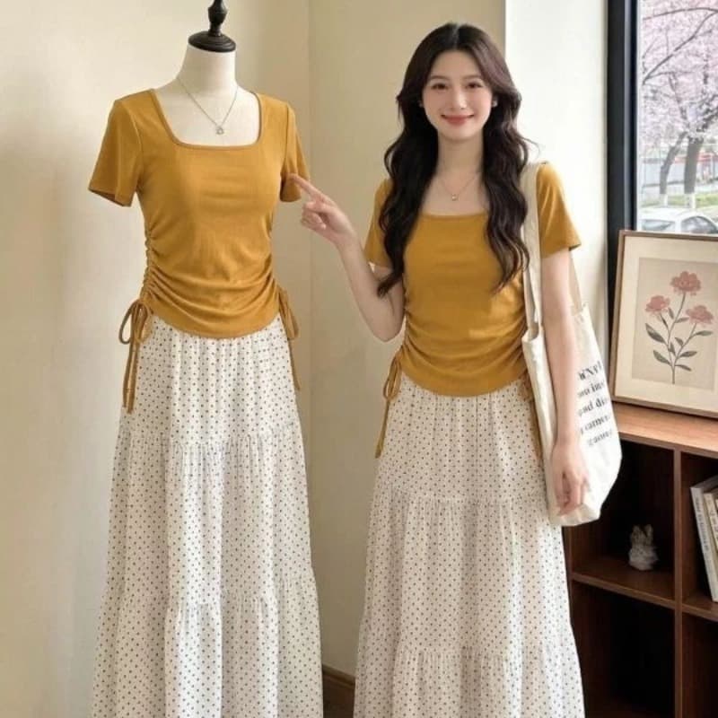 Plus Size Women's 2026 Trendy Summer Outfit Set: Slimming Polka Dot Dress Two-Piece Set for Curvy Women