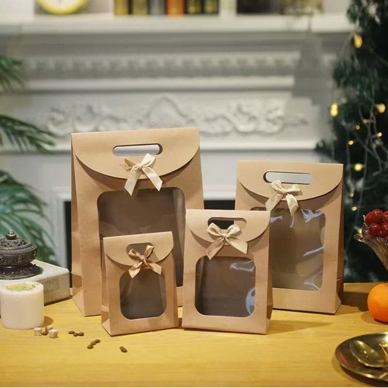Custom-made bow-tie windowed kraft paper bag, flap-top gift bag, transparent birthday gift packaging bag, tote bag