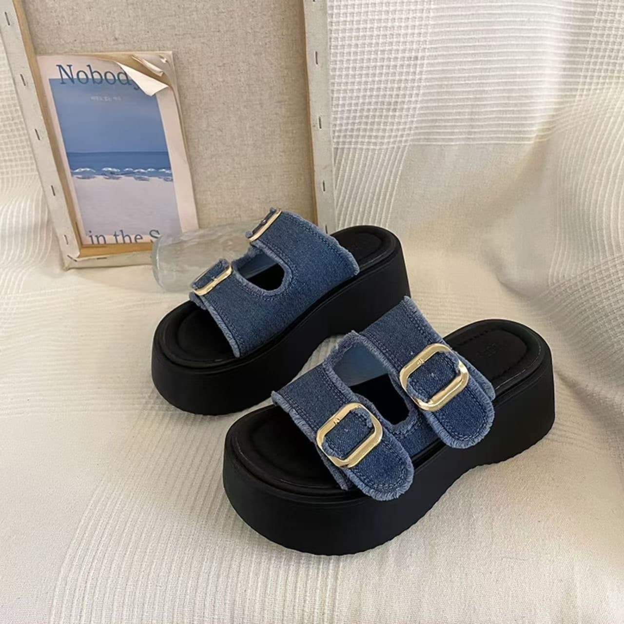 Large size foreign trade thick-soled platform sandals women's shoes new versatile heightening denim slippers sports Roman sandals
