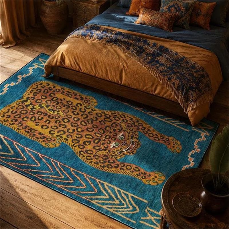 Cross-border machine washable European and American style leopard leopard print brown yellow peacock blue ethnic style living room bedroom carpet floor mat