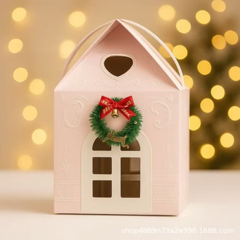 In Stock Cross-Border Christmas Candy Gift Box Creative Roof Gift Box Christmas Gift Box Pink Handle Gift Box