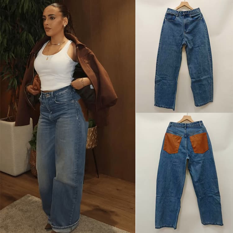 New High-Waist Wide-Leg Jeans for Women, Loose Retro Style with Stitched Leather Back Pockets, Slimming Long Pants