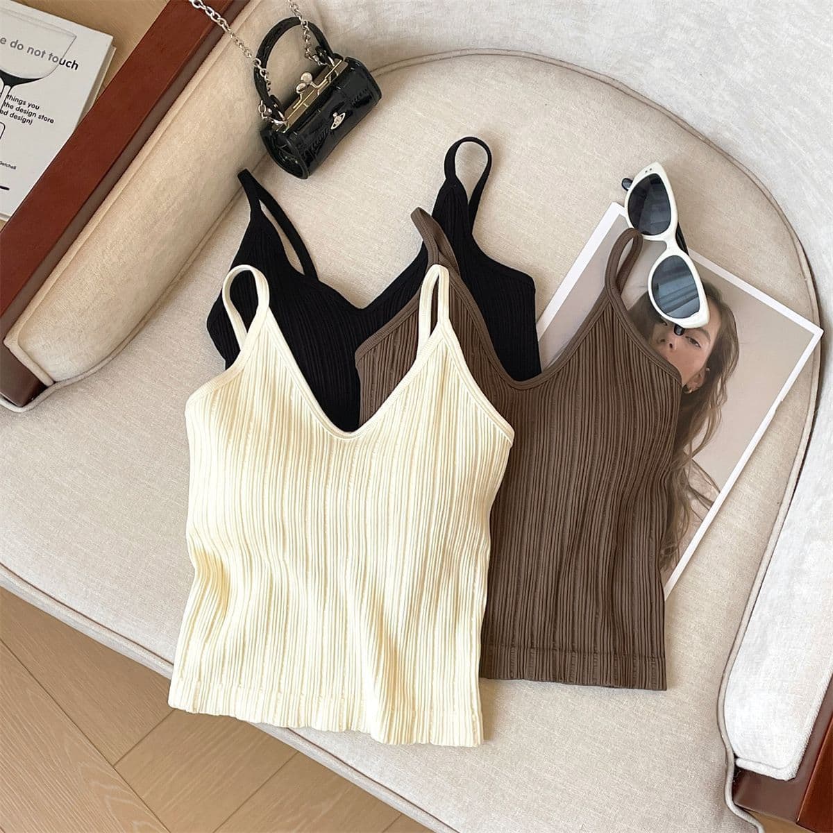 Pure Desire Women's V-neck Strapless Tank Top with Chest Pad Inner And Outer Wear Sexy Slimming Sleeveless Summer Shirt