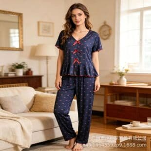Cross-Border Hot Selling Thread Jacquard Bow Print Lace Short Sleeve Long Pants Pajamas Women Sweet Homewear Set