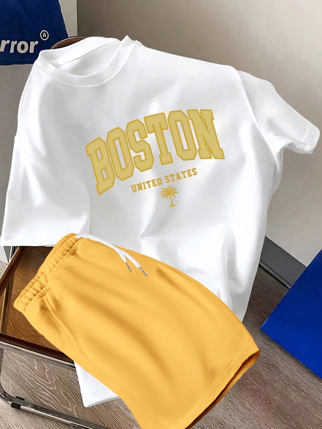 American KING Graffiti Short Sleeve Shorts Set White Top with All-Over Multi-Element Letter Star Basketball Print
