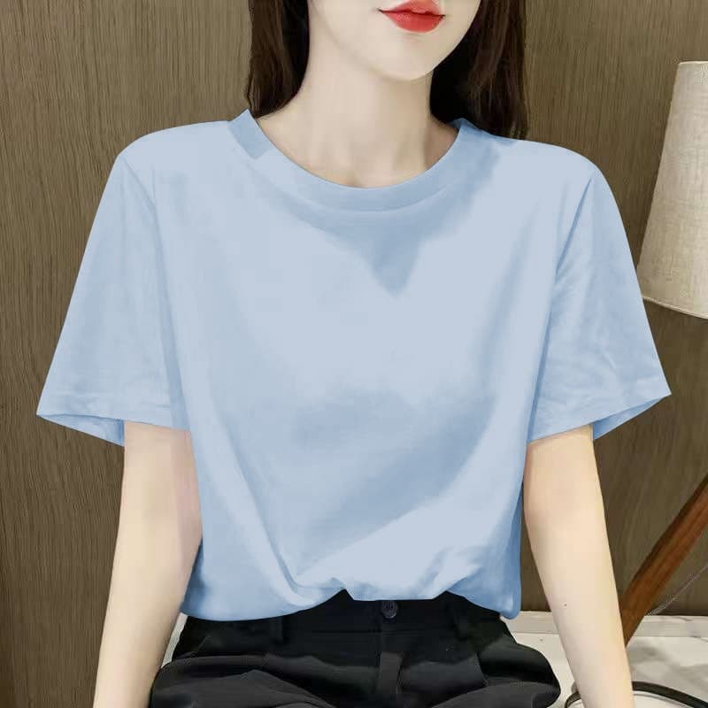 Korean Style Summer 2026 New Light Blue Regular Shoulder Short-Sleeve T-Shirt for Women, Loose and Versatile Solid Color Top, Trendy and Beautiful