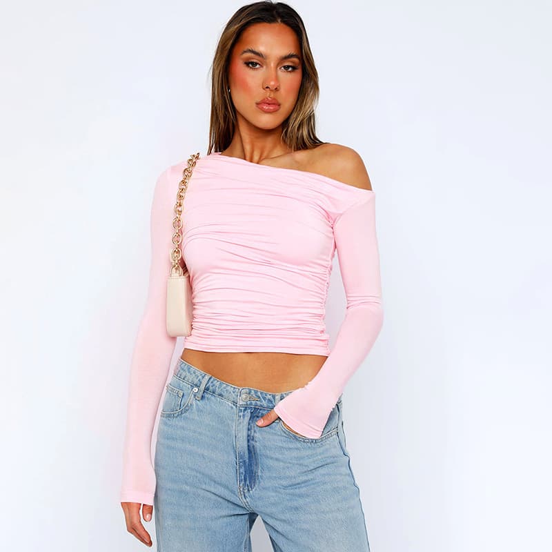 Cross-border Amazon European and American Women's One-Shoulder Asymmetric Solid Color Crop Top Long Sleeve Sexy Fitted T-Shirt