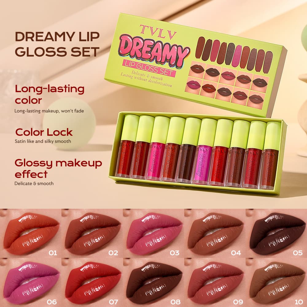 Cross-border TVLV Dream Non-Stick Lip Glaze Set 10 Colors Moisturizing Liquid Lipstick Non-Fade Water Glossy Lip Gloss Set
