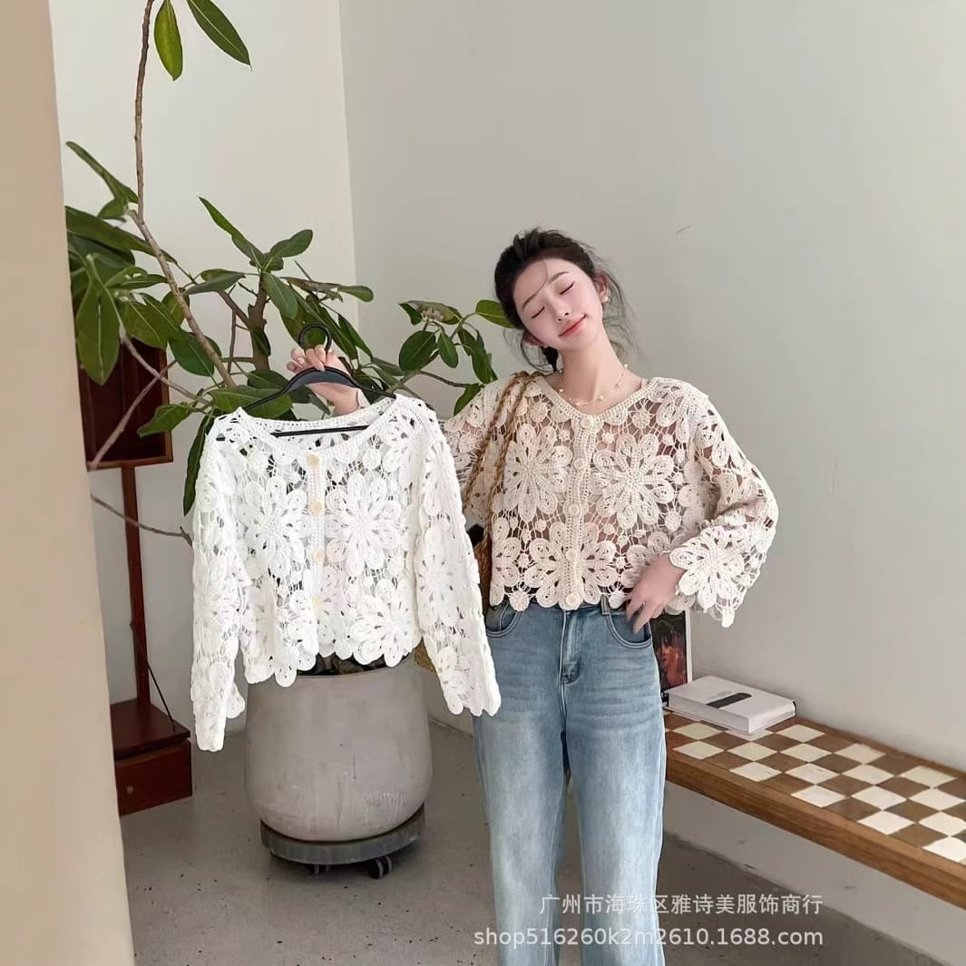 Korean-style fashion loose fit hollow knit cardigan for women, new trendy unique open-front long-sleeve top