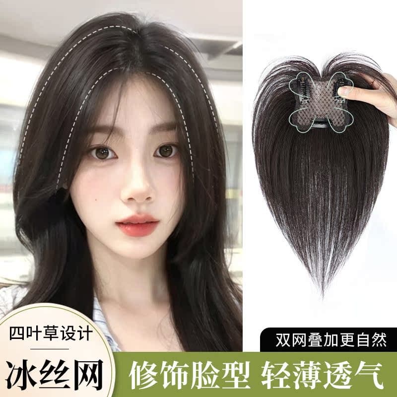 Four-Leaf Clover Thin Bangs Wig Piece Women Real Hair Top Hair Volume Replacement Fluffy High Crown Real Hair Wig Piece