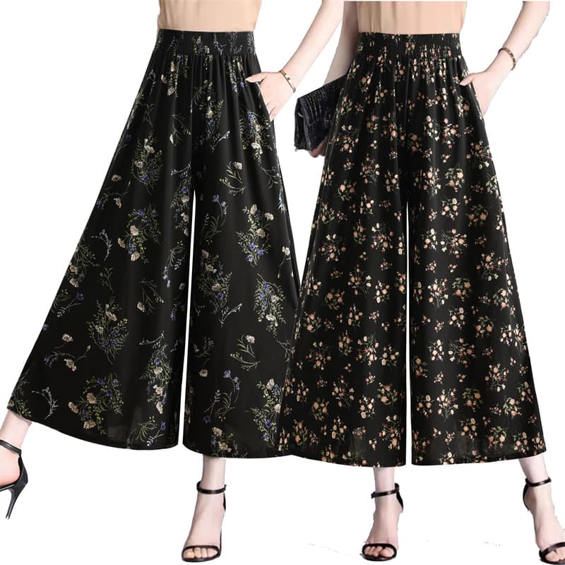 Summer Ice Silk Loose Wide Leg Pants Nine Points Printed Skirt Pants Elastic Waist Thin Polyester Fiber Mom Clothes Elegant Commute Style