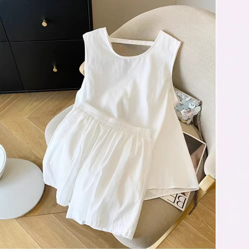 Hollow Back Embroidered Linen Set Summer Casual Sleeveless Vest Loose Shorts Two-Piece Women's Linen Vest
