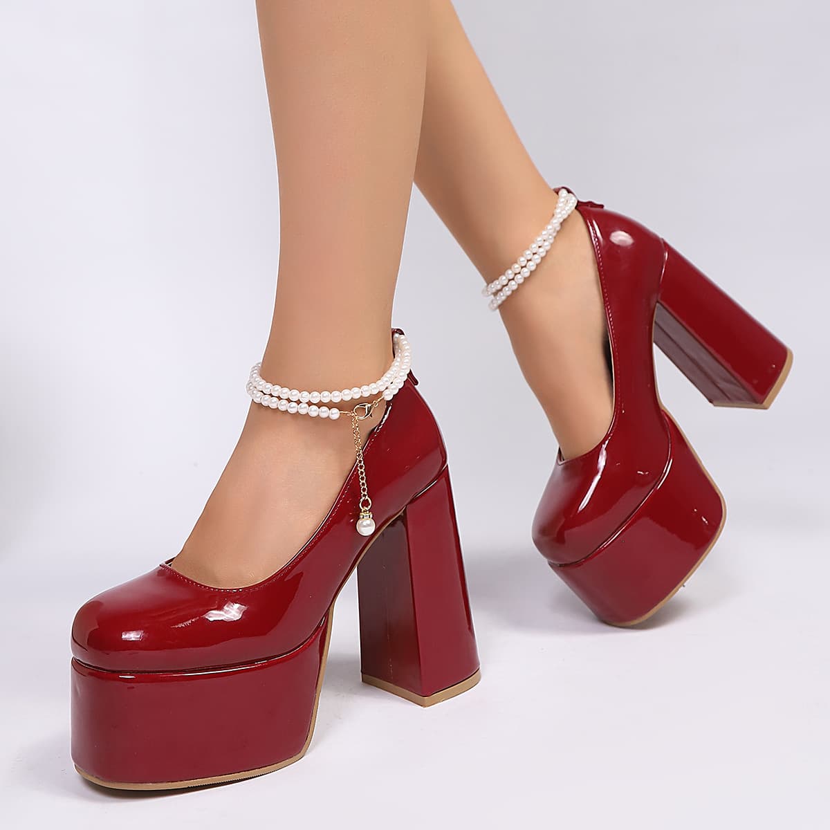 Export Mary Jane Flats Women Spring Autumn Platform Chunky Heel Ultra High Heel Beaded High Heel Plus Size French Retro Flats