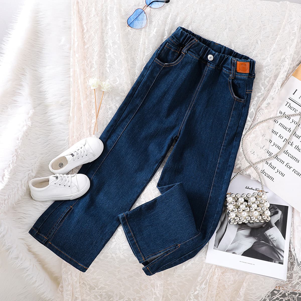 Girls Elastic Wide Leg Jeans Spring Fashionable Kids Clothing Cross-Border Korean Style Trousers with Slits for Girls