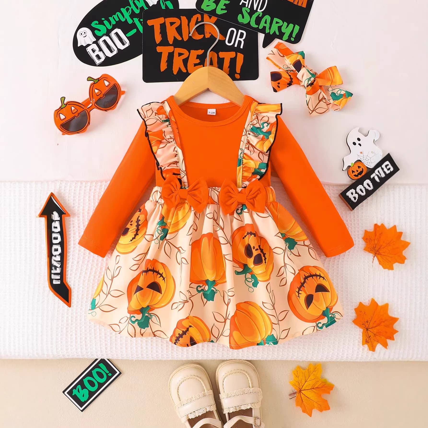 Baby Pumpkin Print Smock Autumn and Winter Long-Sleeved Princess Dress Baby Orange Pumpkin Dress Set
