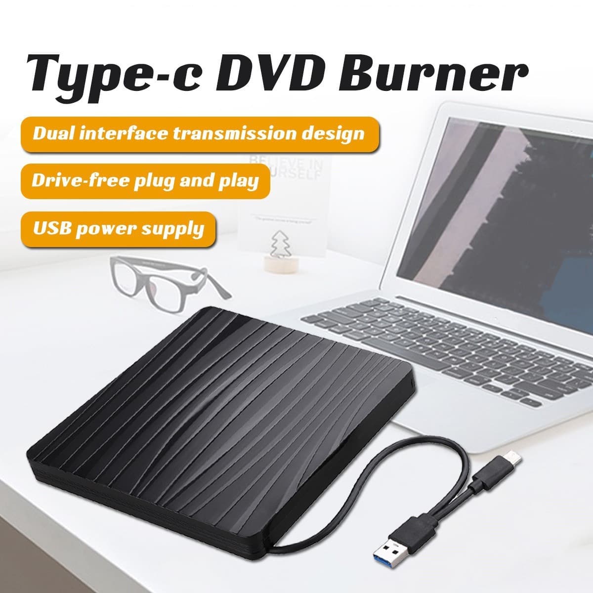 USB 3.0/Type C External DVD Drive CD DVD-RW Player Rewriter Burner for Desktop