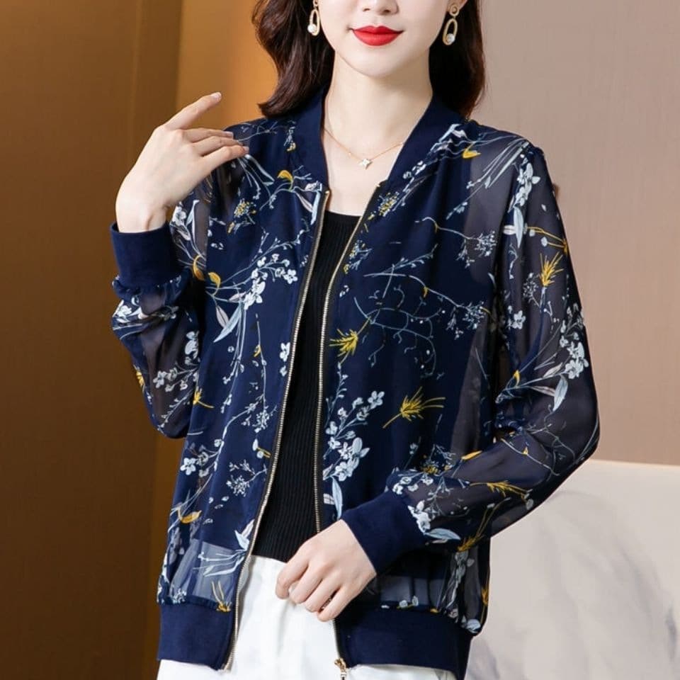 Zipper Print Chiffon Sun Protection Jacket for Women, New Elegant Long Sleeve Plus Size Baseball Jacket Casual Coat