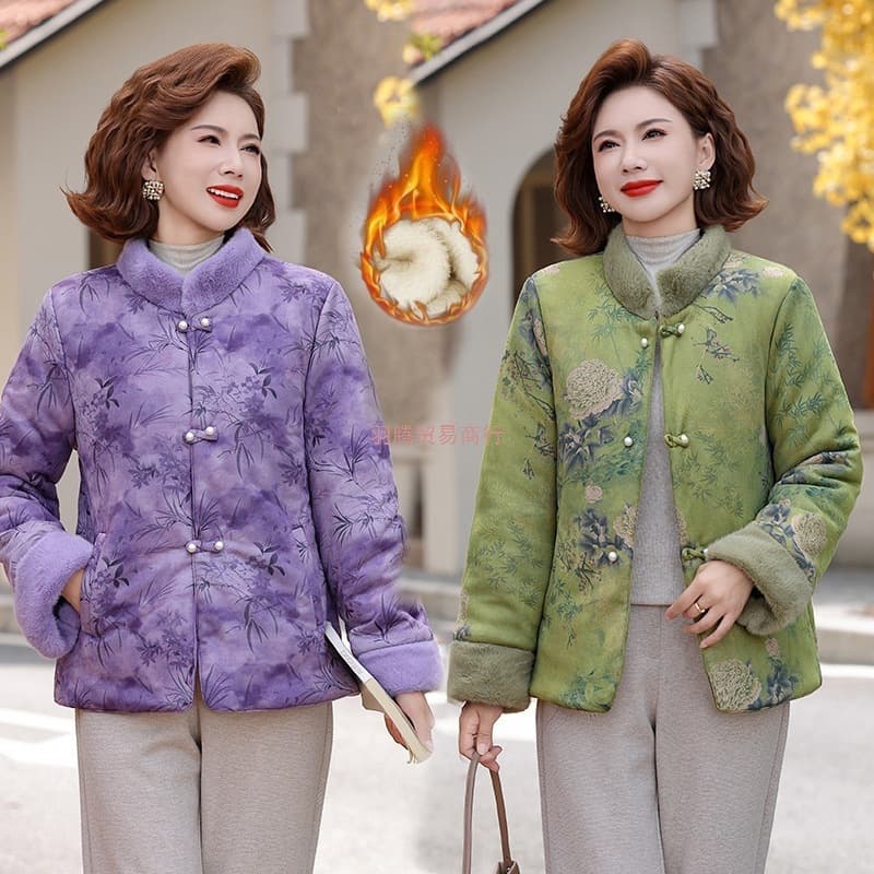 Winter fleece-lined, thickened stand-collar cotton-padded coat for mothers, Chinese style, plus size, fashionable mother's Chinese-style cotton-padded jacket