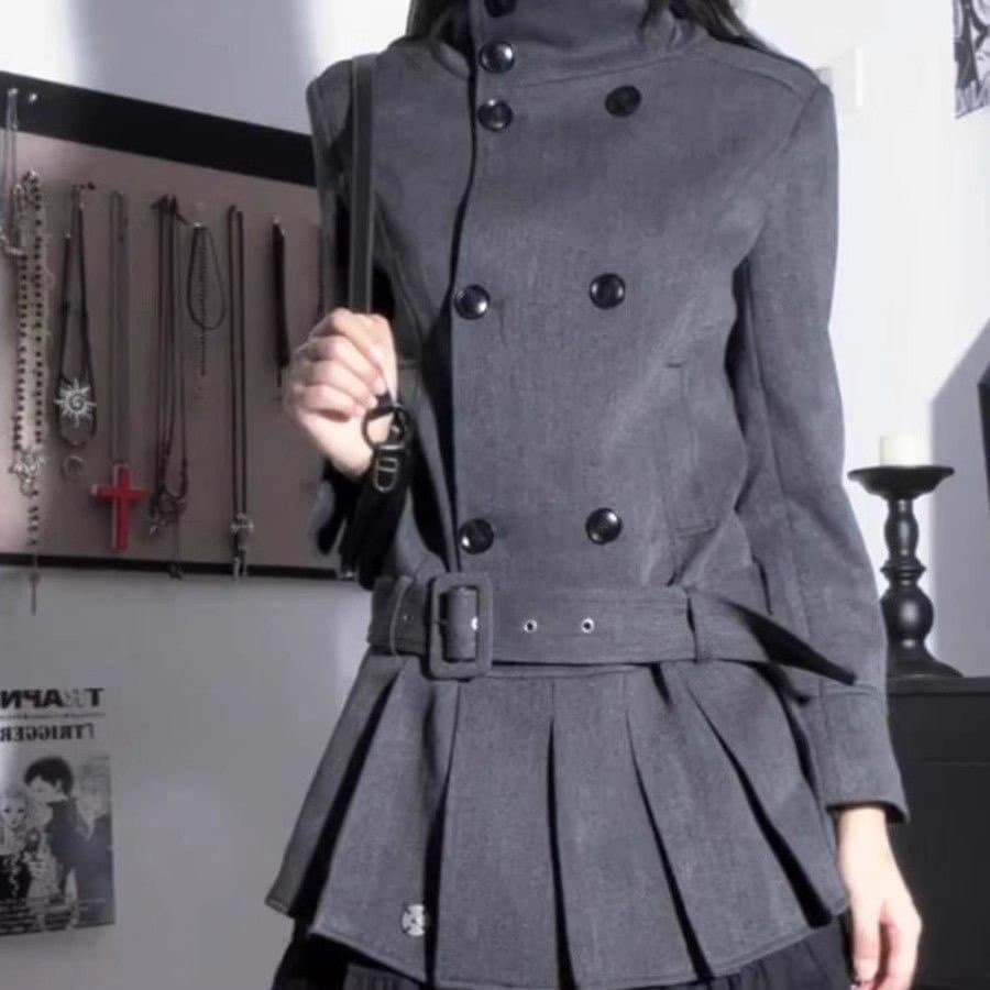 Korean Lazy Style Stand Collar Double-Breasted Dark Gray Trench Dress for Women Autumn Winter Niche College Style Coat