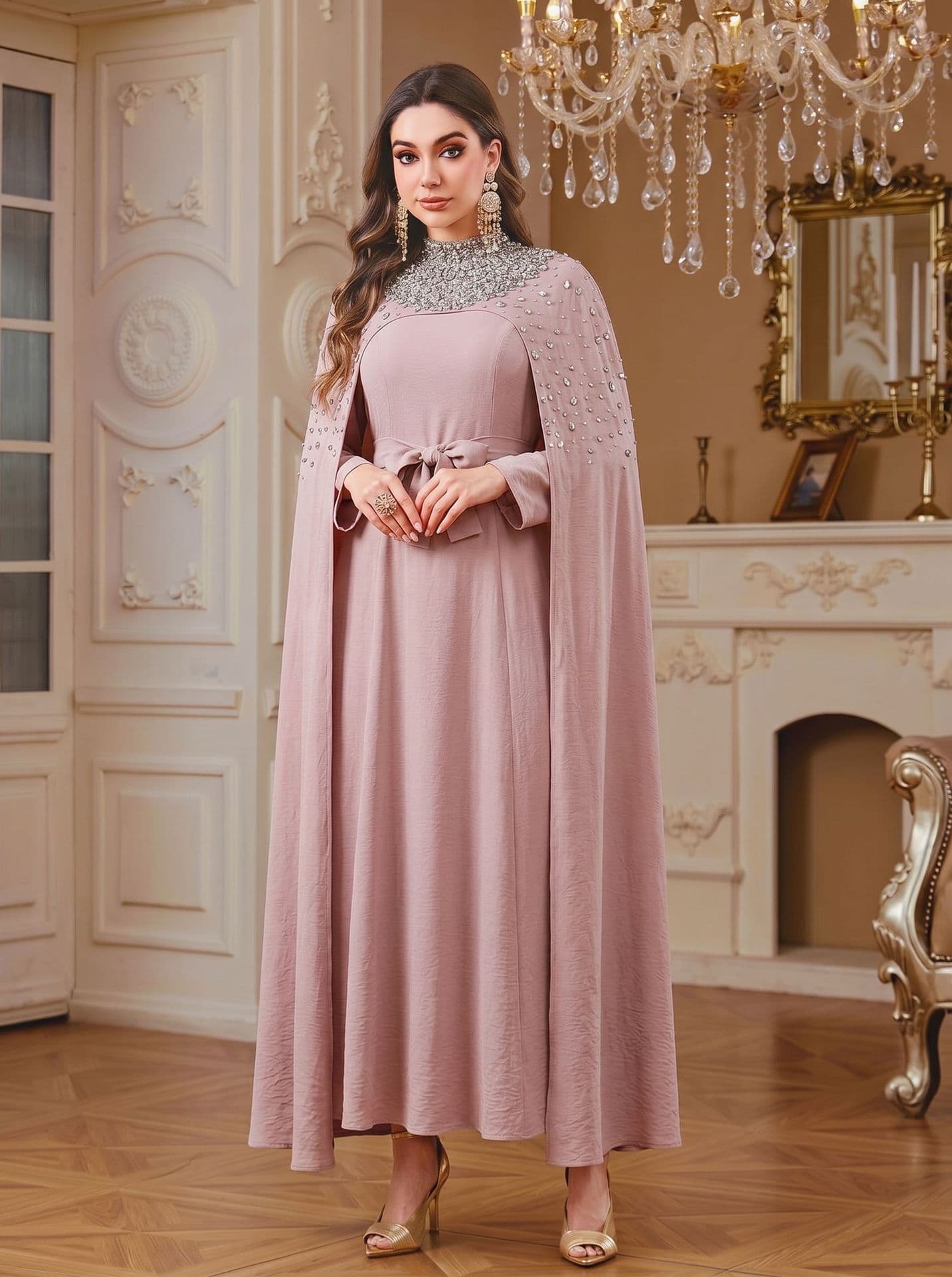 AD250710 Cross-Border Heavy Craft Hand-Beaded Luxury Cape Two-Piece Gown Dress for Women Wholesale Export