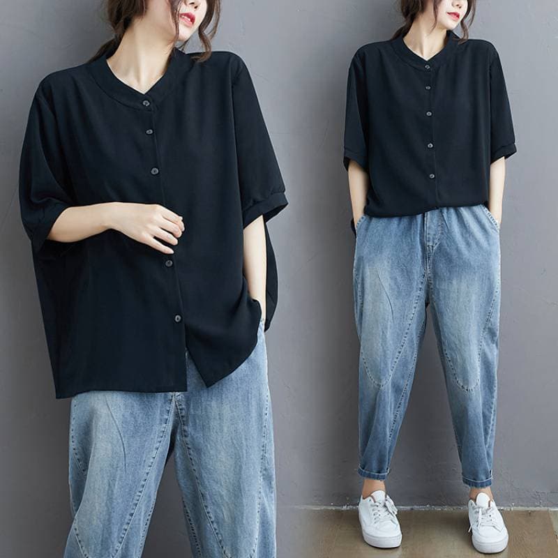 Solid Color Shirt Summer Fat MM Plus Size Women's Quarter Sleeves Buttoned Stand Collar Shirt Versatile Cardigan Top