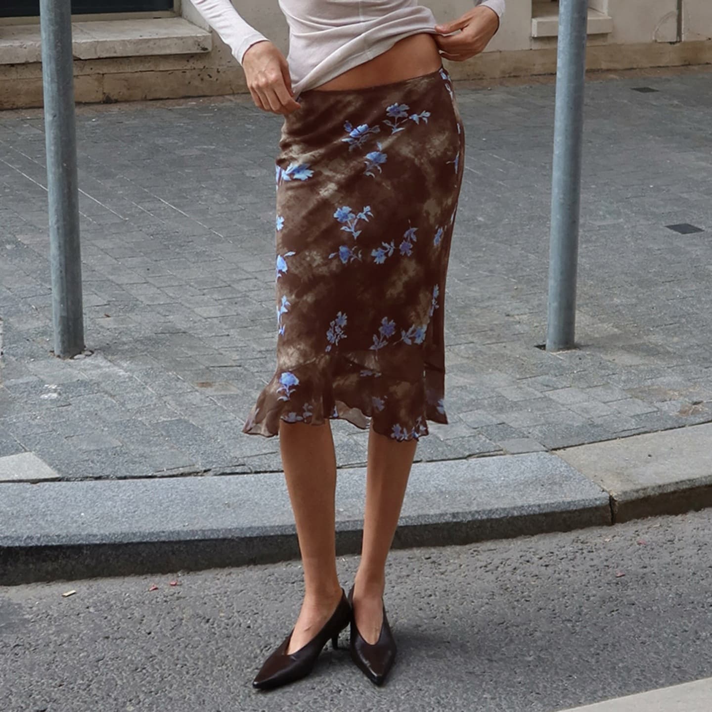 Maillard Brown Slim Fit Versatile Pencil Midi Skirt, European and American Retro Contrast Floral Print Grid Low-Waist Skirt