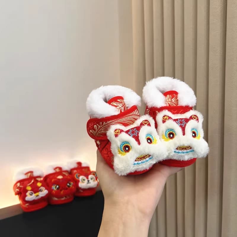 2024 New Year Baby Tiger Head Shoes and Socks Winter 0-12 Months Fleece-lined Warm Baby Red Festive Cotton Shoes