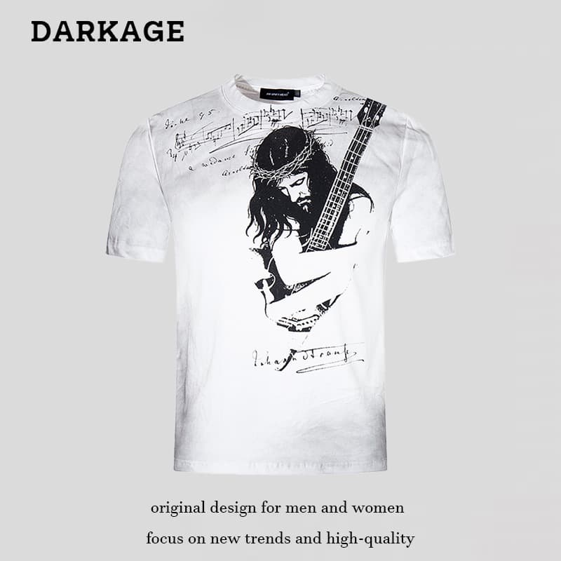 American Retro Street Rock Style Guitar Print Short-Sleeved T-Shirt for Men and Women, New Summer Style, Distressed and Versatile Top, Trendy