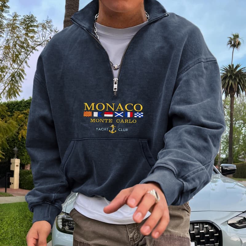 American street style nautical embroidered half-zip sweatshirt for men and women, navy blue loose distressed washed pullover
