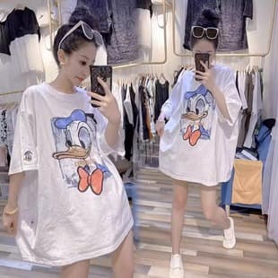Plus Size 2-300 jin Spring Cartoon Donald Duck Print Short Sleeve T-Shirt, Loose Top for 300 jin Women