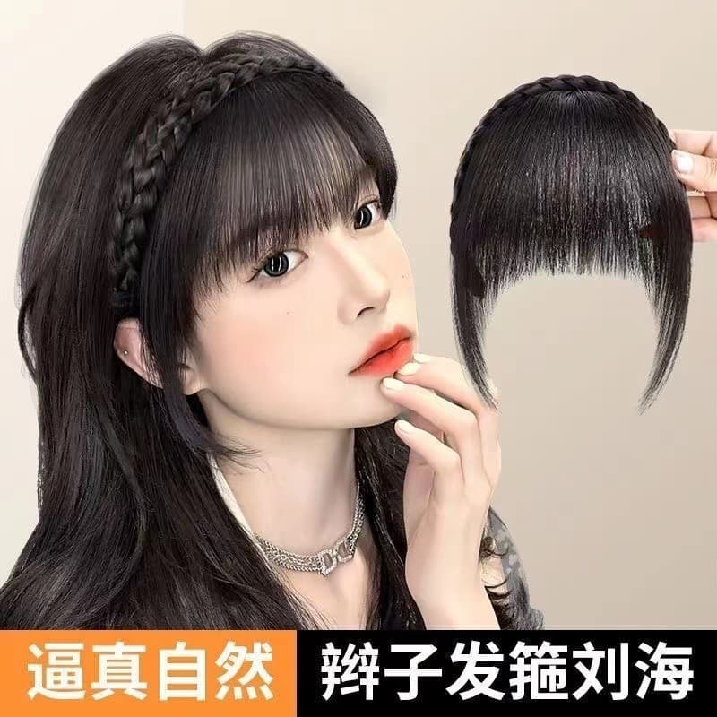Women's wig headband with French bangs, integrated realistic hair extension, thin hairpiece for top of head, white hair, forehead headband with bangs