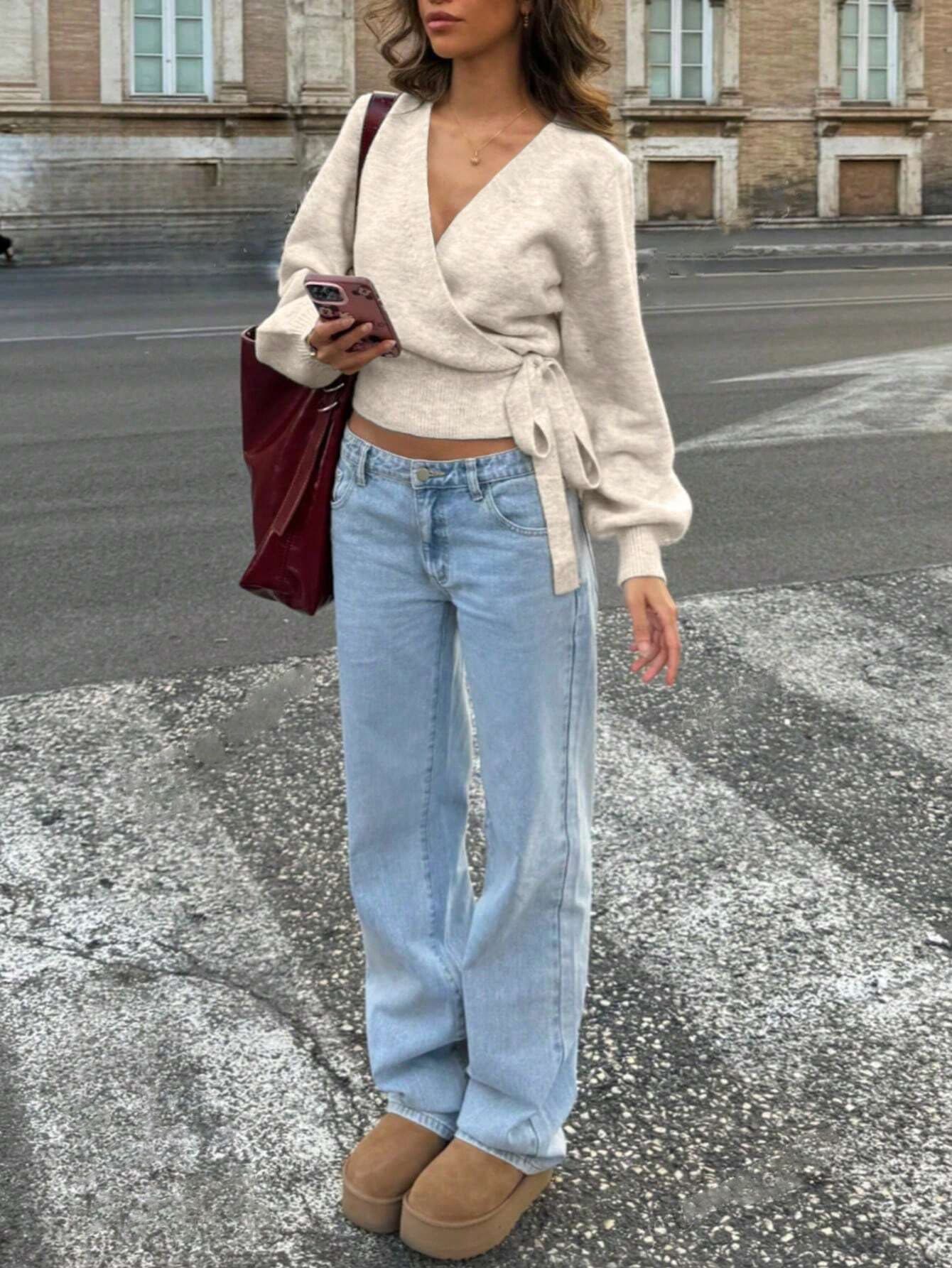 European and American Style Cross V-Neck Knitted Sweater, Autumn and Winter Irregular Tie Elegant Short Top for Women