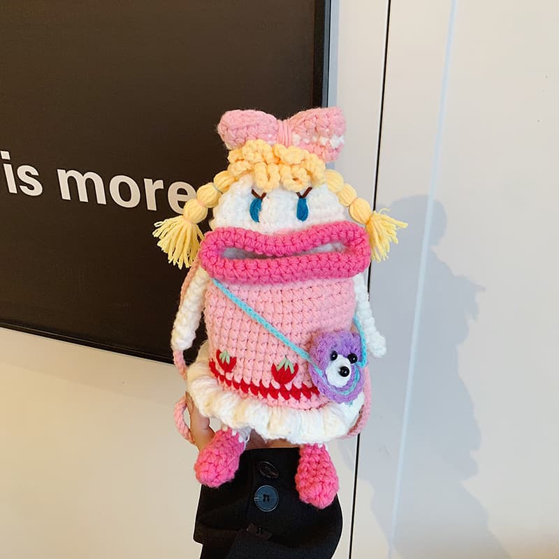 Finished Hand-Knitted Yarn Girls' Single Shoulder Bag, Ugly-Cute Big Mouth Doll Crossbody Bag, New Autumn/Winter Style Kids' Bag