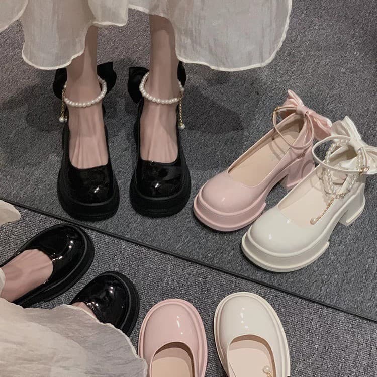 Retro High-Heeled Mary Jane Shoes, Women's Fashion Shoes, French Pearl Buckle Straps, Thick Heels, Round Toe Small Leather Shoes