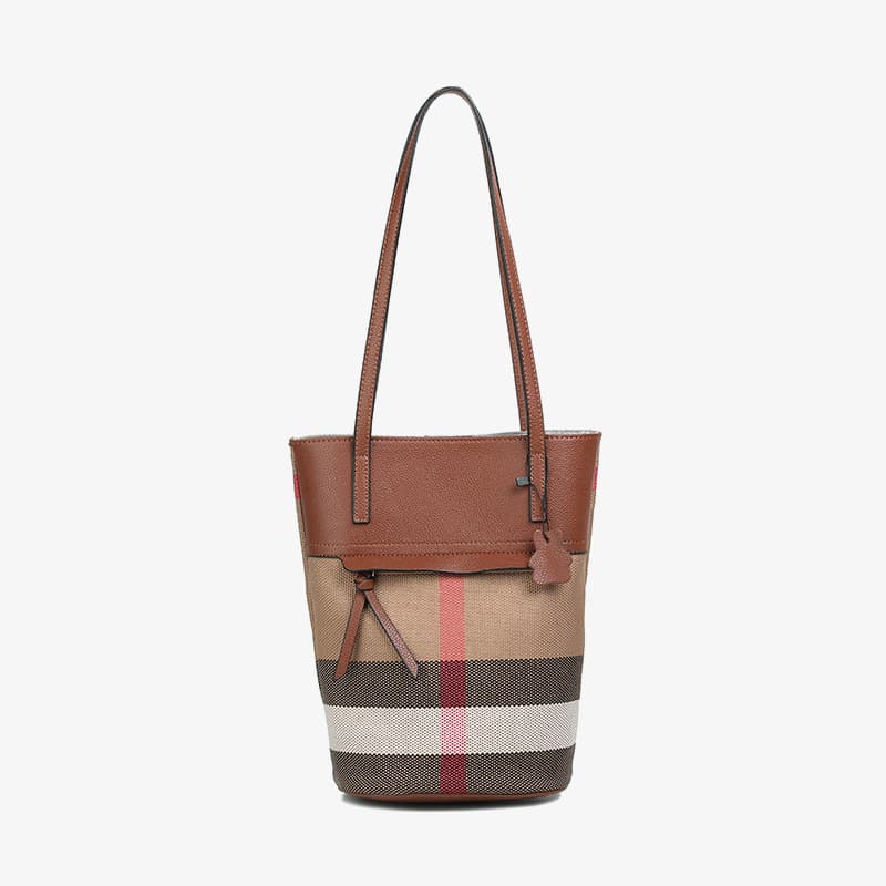 Genuine leather vertical bucket bag, textured stitching, large-capacity tote bag, shoulder plaid bag, best-selling high-end canvas women's bag