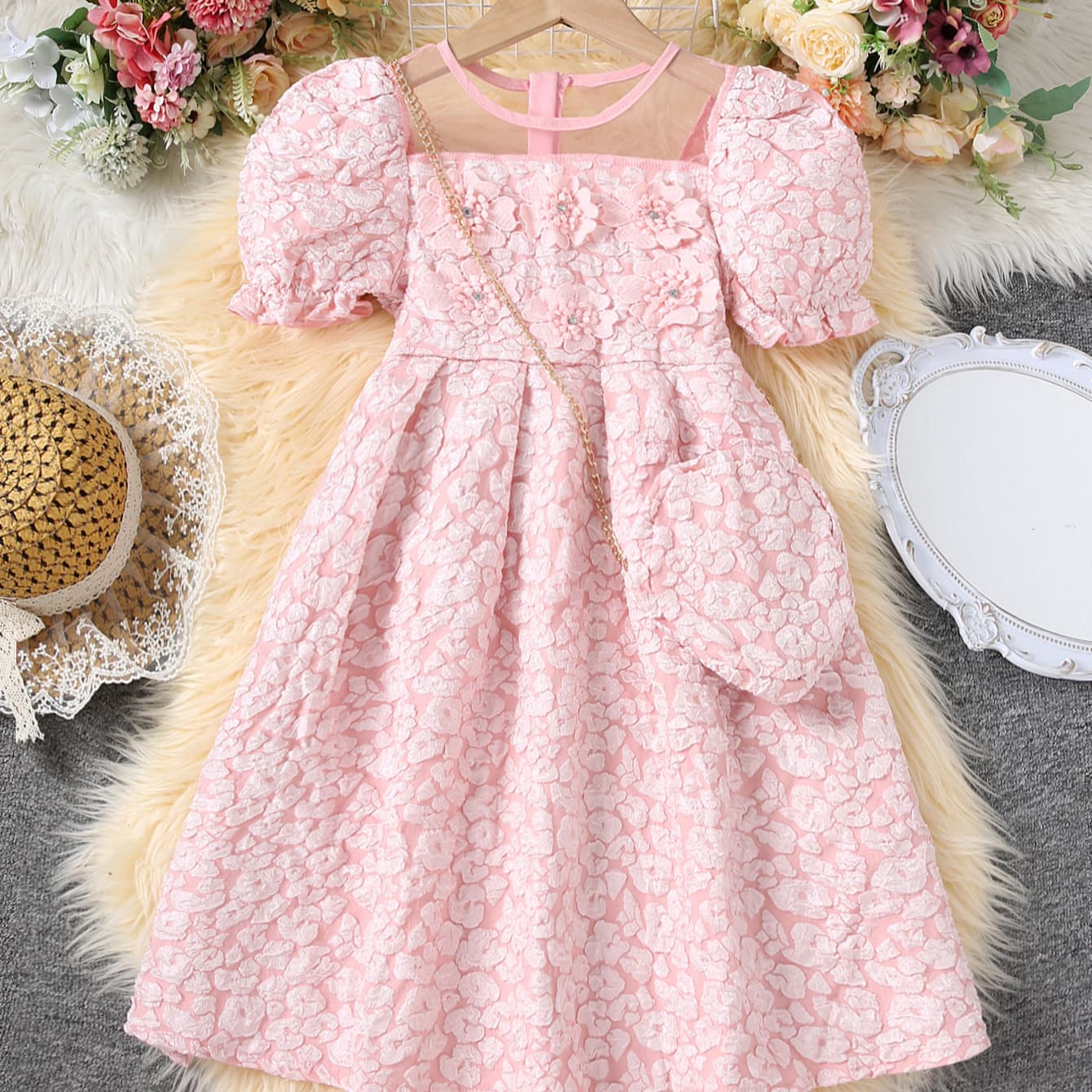 Palace Style Girls Princess Dress Flower Girl Tulle Puff Sleeve Princess Dress Baptism Dress Performance