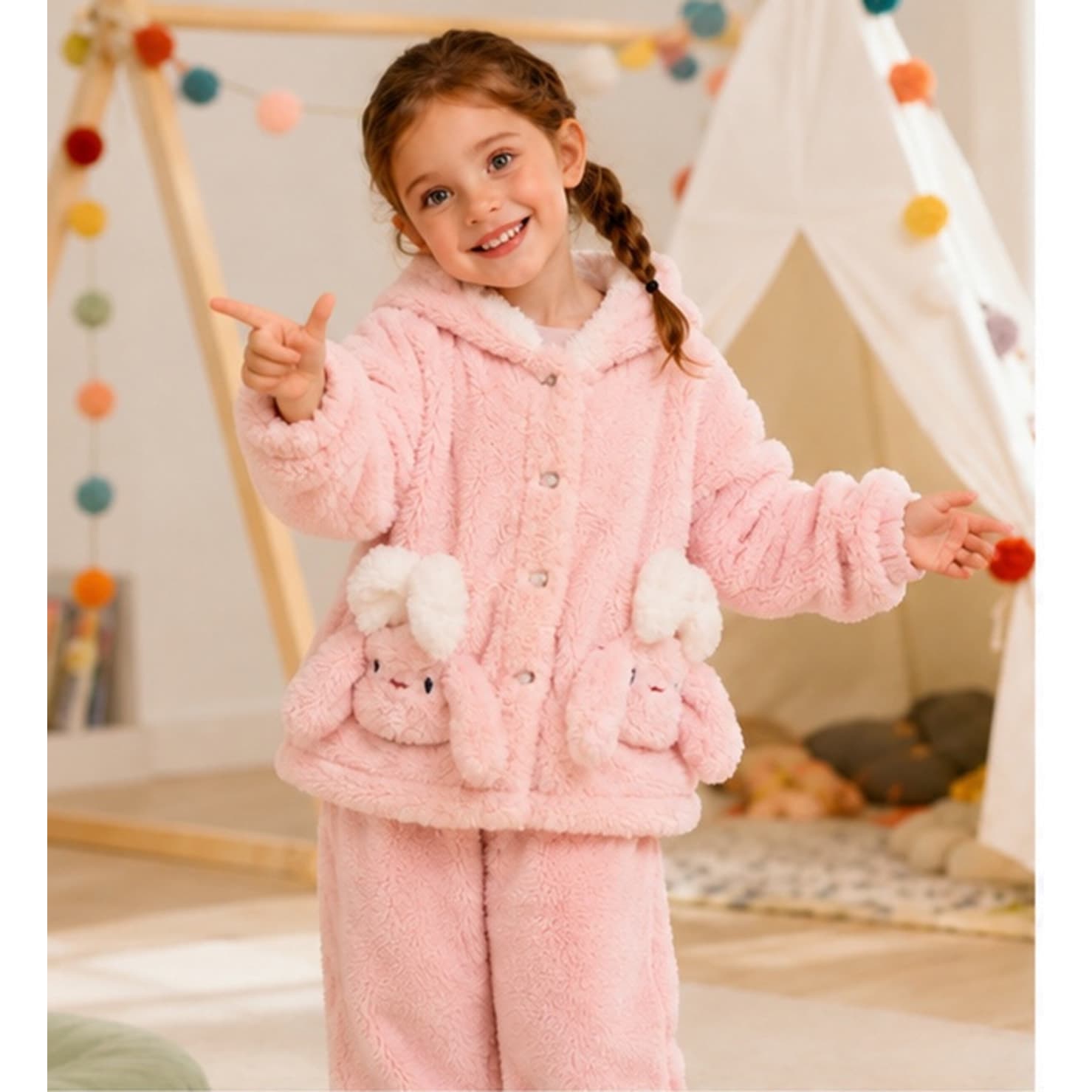 Kids Homewear Winter New Girls Cartoon Bunny Hooded Fleece Pajamas Warm Cute Two-Piece Set