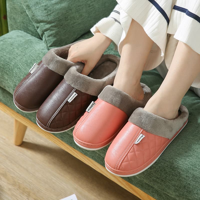 Color Blocking Home PU Leather Slippers for Men Women Autumn Winter Warm Couple Style Waterproof Cotton Slippers for New Parents