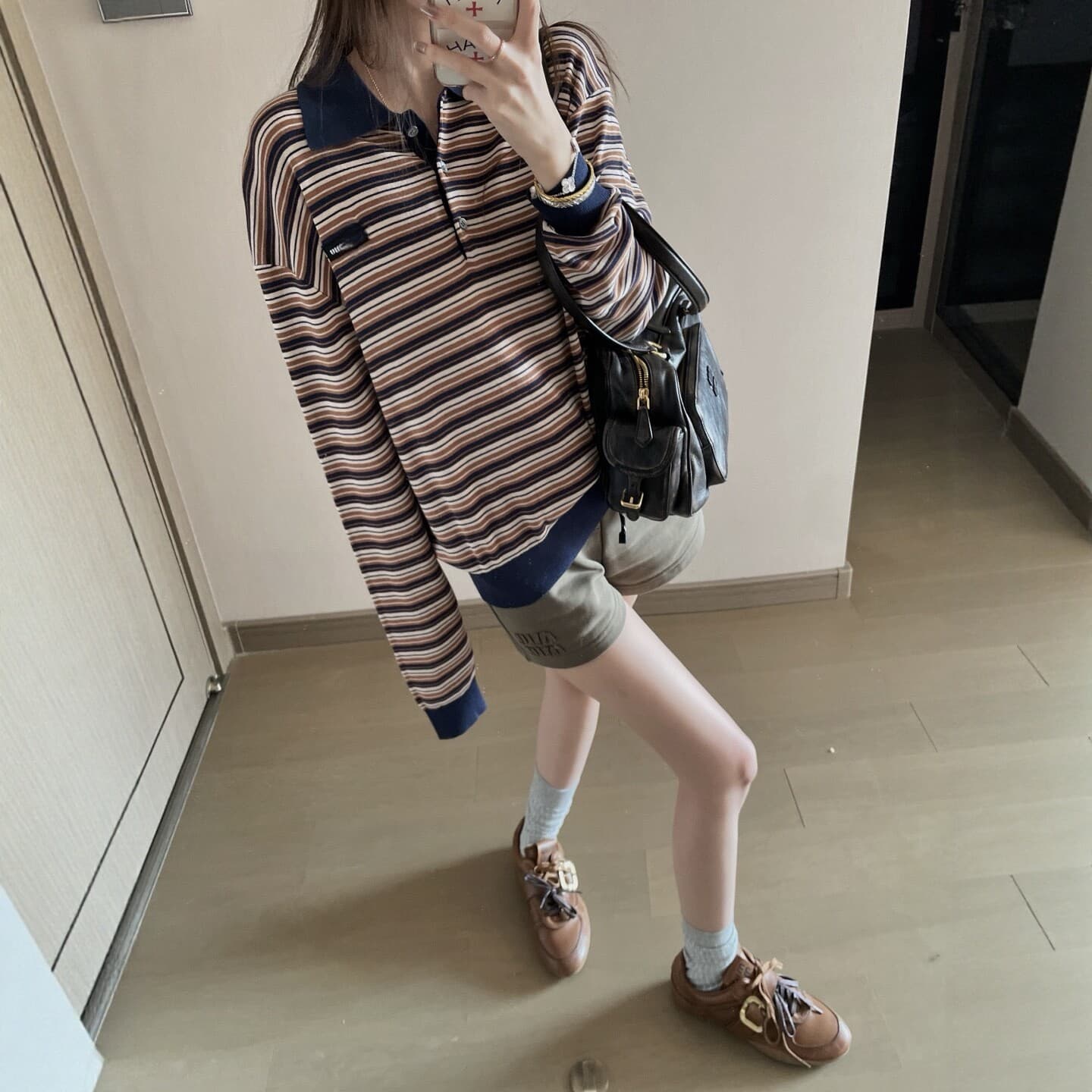Contrast color striped wool lapel pullover long-sleeved women's 2026 summer new style skin-friendly breathable POLO shirt top trendy brand