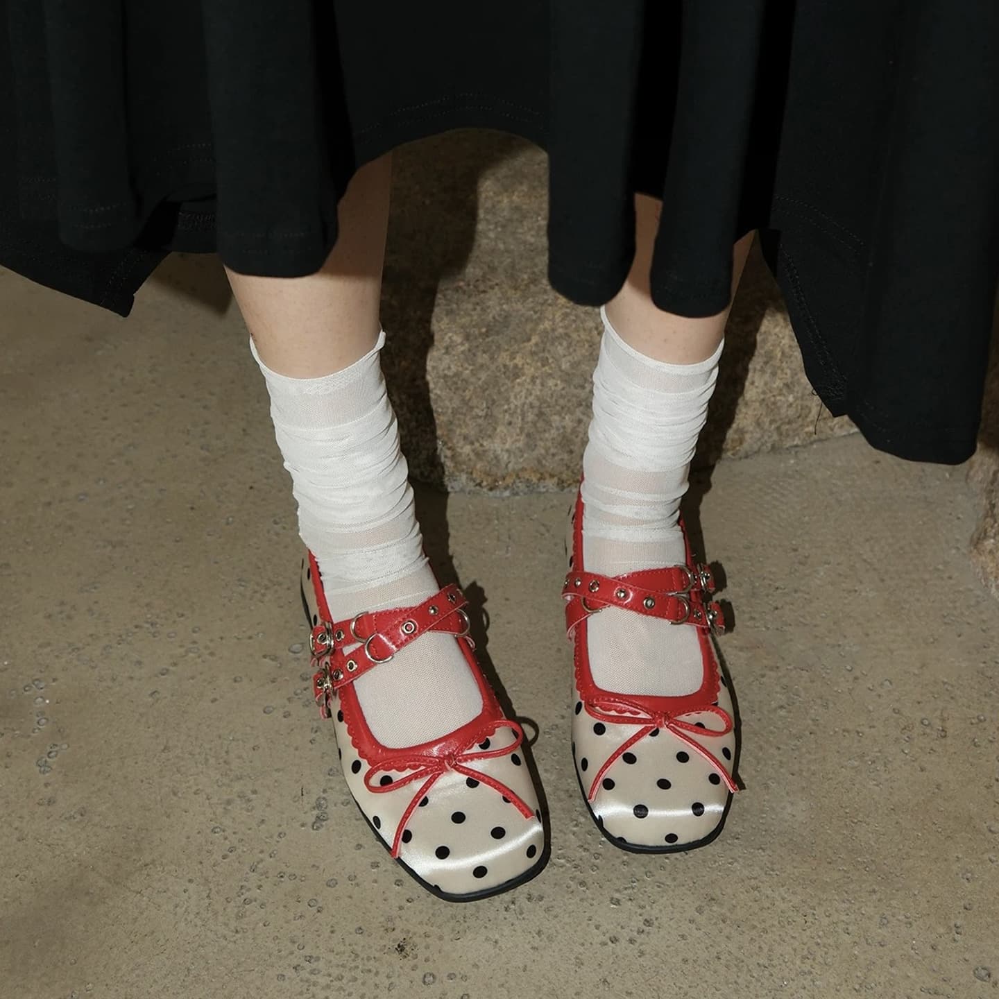 French Vintage Ballet Flats for Women, Soft Sole 2025 New Red Polka Dot Satin Mary Jane Shoes, Flat Ballet Shoes