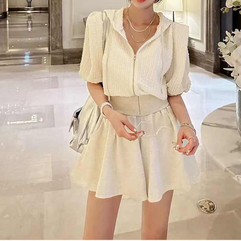 Women's Korean Dongdaemun High-Quality 2026 Summer Hooded Tie-Zip Top + Short Skirt Pants Set