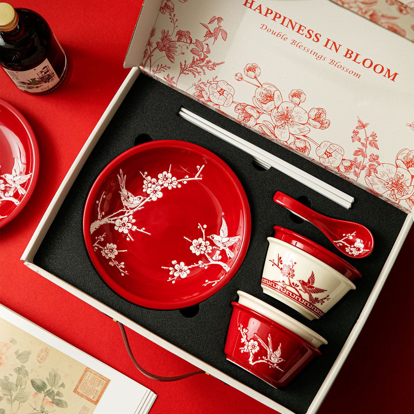 Factory Joyful Expression Bowl and Plate Set Chinese Style Soup Bowl Vegetable Plate Ceramic Tableware Wedding Housewarming New Home Gift Combo