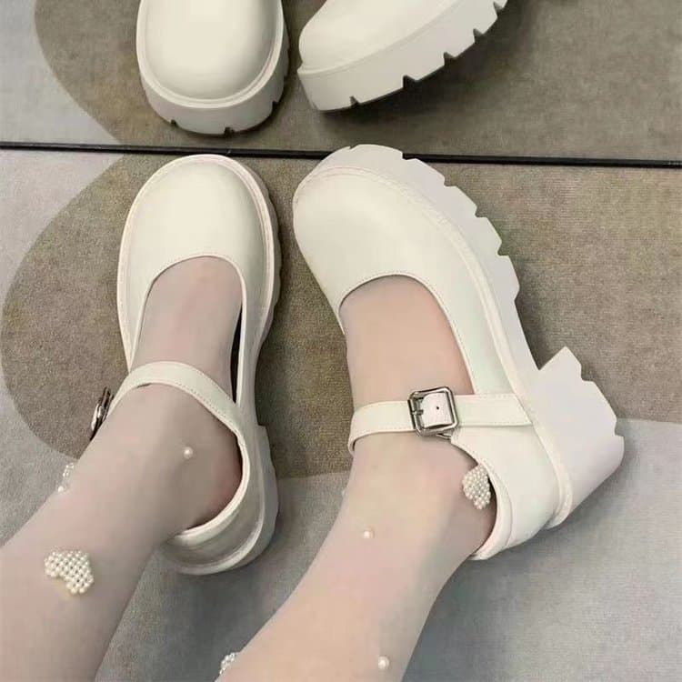 Japanese JK Lolita White Chunky Platform Mary Jane Shoes for Women, 2024 Spring Summer Low Heel Round Toe Casual Shoes