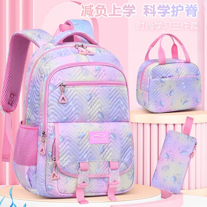 Cross-border backpack, 3-in-1 with lunch bag, pencil case, jellyfish print, embossed material, shoulder bag for primary, middle and high school students.