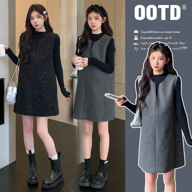 2025 Fall/Winter Maternity Half Turtleneck Knit Base Top V-Neck Sparkle Suspenders Dress Korean Loose Maternity Dress