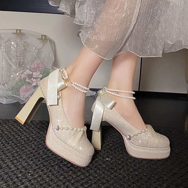 French Pearl Bow Mary Jane High Heels Women 2025 New Chunky Heel Platform Wedding Bride Shoes
