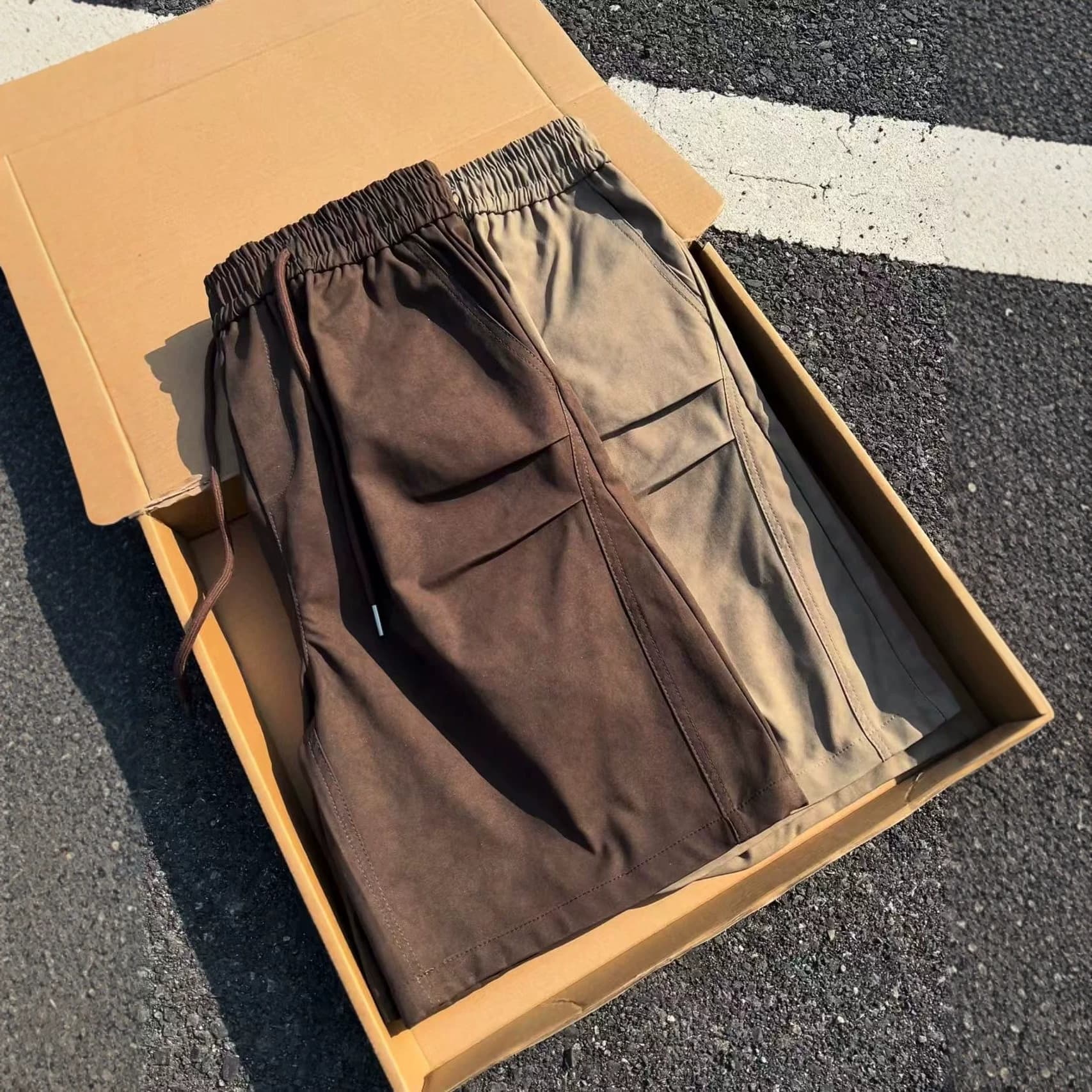 Brown American retro shorts men's summer new loose wide-leg pleated dark pattern vintage style casual pants