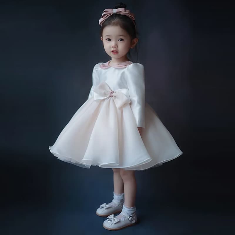 Baby Girl Birthday Dress, Toddler Flower Girl Wedding Long Sleeve Princess Dress, Summer White Gown